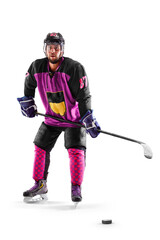 Professional hockey player in a waiting pose. Sports emotions. Isolated on the white. Hockey player...