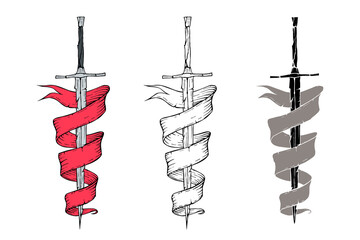 Medieval sword with ribbon in three styles
