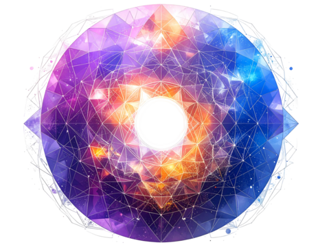 Abstract geometric design with space colors, centered dark void, edged with fractal wireframe details