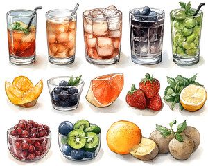 Refreshing Watercolor Beverages and Fresh Fruit Assortment, Perfect for Recipe Inspiration and Culinary Delight