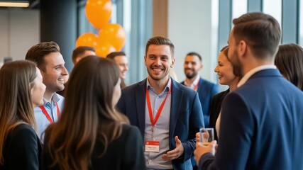 A diverse group of professionals networking and smiling at a business event with orange balloons - Powered by Adobe