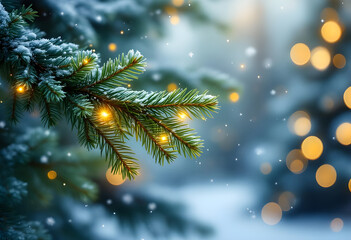 A green pine branch is covered with delicate snowflakes as soft snow falls gently in the warm golden light creating a peaceful Christmas tree scene with a blurred background
