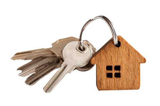 House-shaped wooden keychain with keys on a transparent background