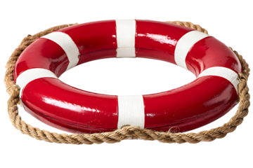 Red life preserver with white stripes and rope, on a transparent background