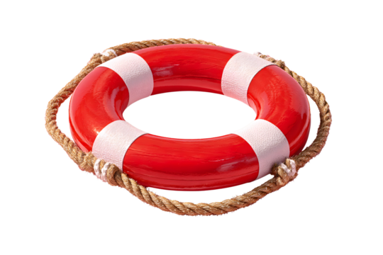 Red life preserver with white stripes and rope, isolated on a transparent background