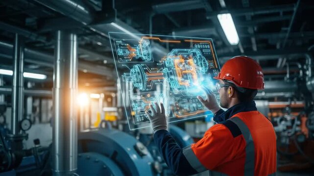 Engineer interacting with a holographic display of a complex machine in a modern industrial facility