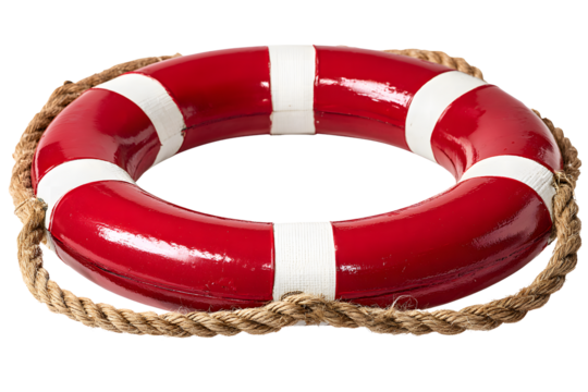 Red life preserver with white stripes and rope, on a transparent background - Powered by Adobe