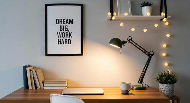 Cozy workspace with a desk, a lamp, a laptop, books, and a motivational poster on the wall
