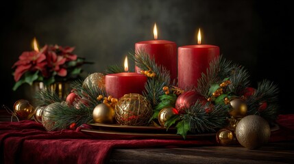 Elegant Christmas Centerpiece Featuring Red Candles Surrounded by Evergreen Foliage, Ornaments, and Festive Touches for a Cozy Holiday Atmosphere
