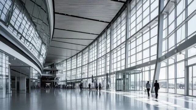 Modern airport terminal interior with vast glass facade and natural light illuminating the polished floor