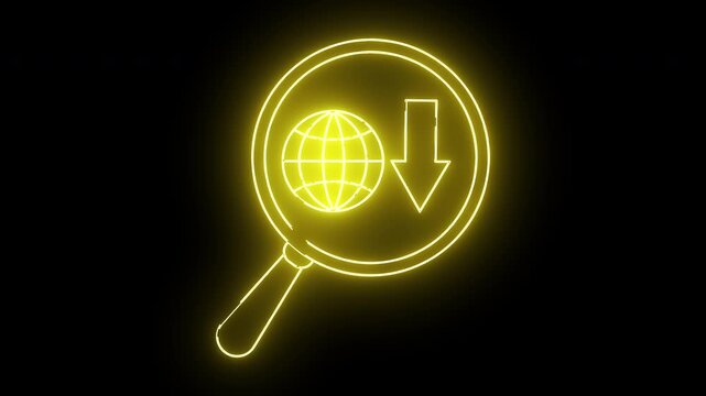 A yellow neon magnifying glass encircles a globe and downward arrow on a black background
