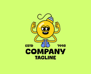 Logo cartoon vector of a light bulb mascot sitting cross legged with both hands raised in a confident gesture represents creativity, and inspiration for creative agencies, tech startups, or energy