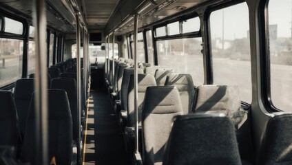 Interior view of an empty public transit bus with seats and windows.