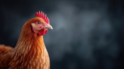 Close Up Macro Portrait Of A Brown Rooster With Vibrant Red Comb And Feathers Against A Dark Moody Textured Background Soft Lighting Highlights Detail