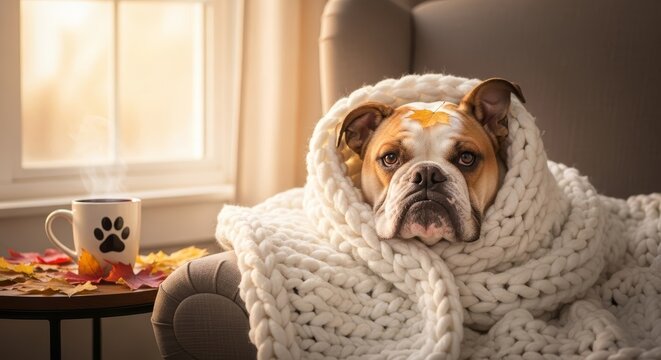 Cute English bulldog wrapped in a cozy plaid blanket on a chilly autumn day. A steaming mug and colorful fall leaves create a warm hygge scene at home.