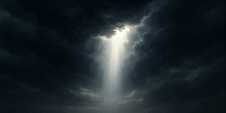 Dramatic blue sky with sun rays piercing through dark clouds
