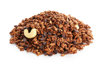 Pile of tasty granola with chocolate chips and nuts isolated on white