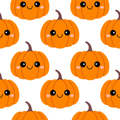 Simple pumpkin jack o lantern hand drawn Halloween seamless pattern on white background. Vector wallpaper illustration repeat design for fabric print, sticker, cover, wrapping.