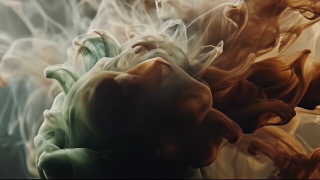 Ethereal Brown and White Paint Swirls in Liquid Background.