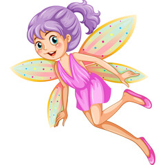 Whimsical Young Fairy Girl With Lavender Hair And Sparkling Wings In A Pink Dress In Flight