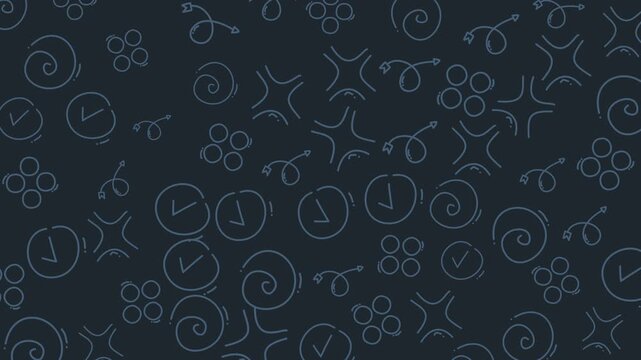 Doodle lineart pattern of circles, arrows, spirals, and clocks in whimsical style. Perfect for stationery, backgrounds, and creative designs