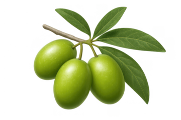 Group of fresh green olives with leaves on branch, representing healthy eating, mediterranean diet, and natural ingredients