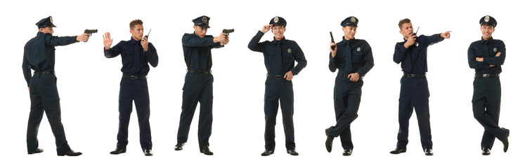 Policeman in uniform on white background. Collage of different portraits