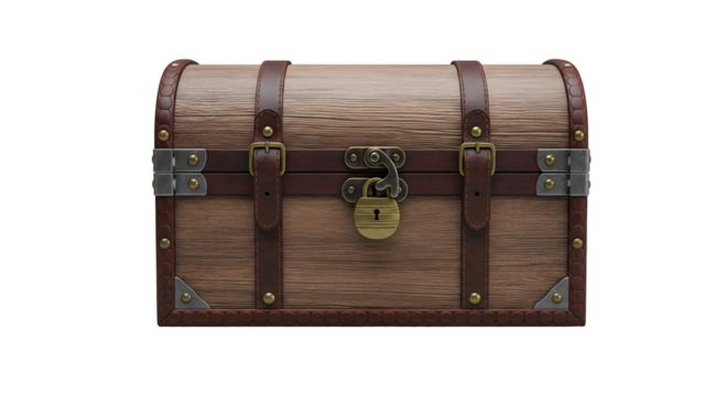 An old wooden treasure chest, a symbol of adventure and mystery. The chest is adorned with metal details and straps