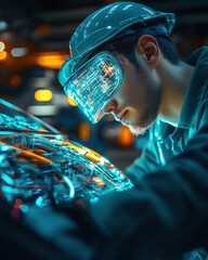 Engineer with VR Headset Inspecting Circuit Board