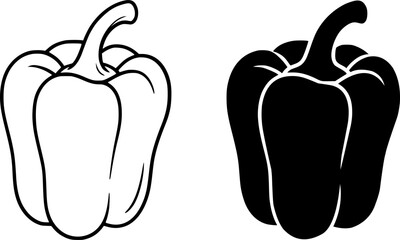 Bell pepper, black and white vector, outline and silhouette versions