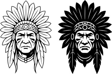 Apache tribe, black and white vector, outline and silhouette versions