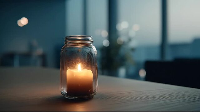 Warm candlelight from a jar creating a tranquil and romantic mood.