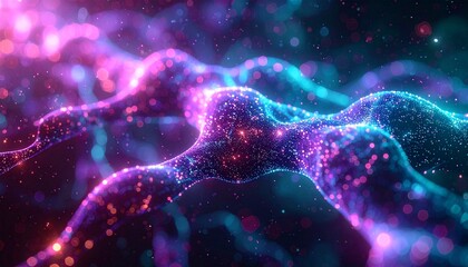 Vibrant abstract technology particles form a dynamic network with wavy lines and dots in shades of purple, pink, and blue against a dark background.