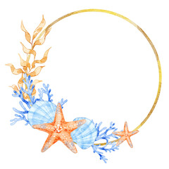 Golden Round Frame with Nautical Watercolor Wreath.