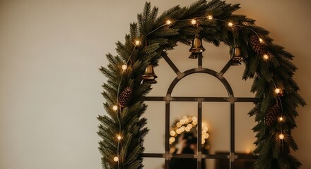 Green garland adorns an arched mirror with lights pinecones  bells against a neutral wall