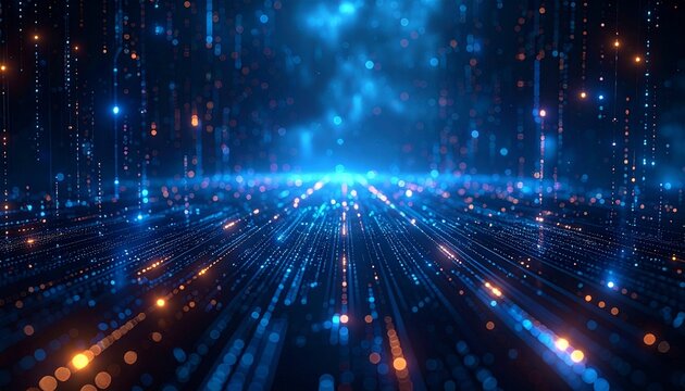 ABSTRACT TECHNOLOGY PARTICLES glowing blue and orange lights radiate outward in a digital tunnel with a dark background and vibrant abstract patterns.