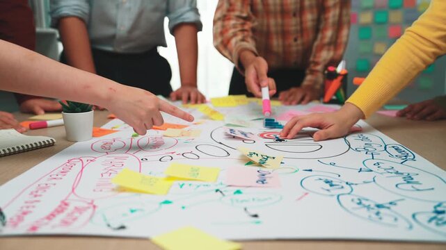 A dynamic team brainstorming session showcasing engaged participants using colorful notes and markers to develop innovative strategies and solutions for business growth. SACTR