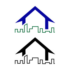 Urban Real Estate Logo with House Roof and City Skyline