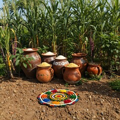 Pongal Festival – Traditional Pots, Sugarcane, and Rural Joy (AI Generated)