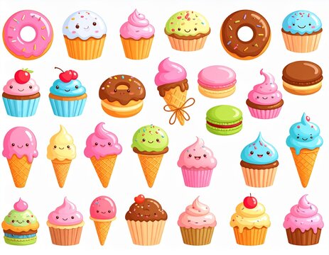 Cute Cartoon Dessert Clipart Set &ndash; Colorful Donuts, Cupcakes, Macarons, and Ice Cream Kawaii Illustration