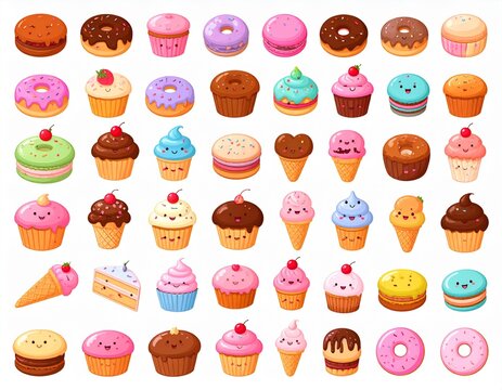 Cute Cartoon Dessert Clipart Set &ndash; Colorful Donuts, Cupcakes, Macarons, and Ice Cream Kawaii Illustration