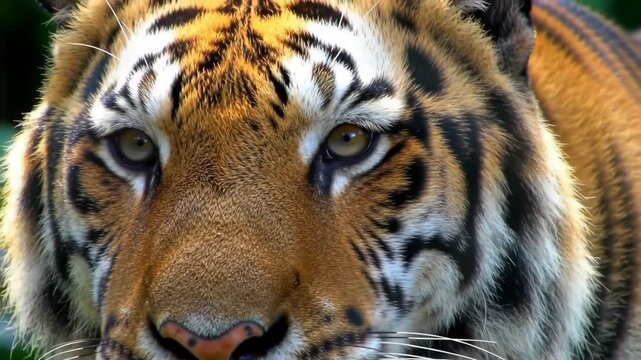 Majestic tiger face, close-up, focused gaze, blurred forest background, for wildlife imagery