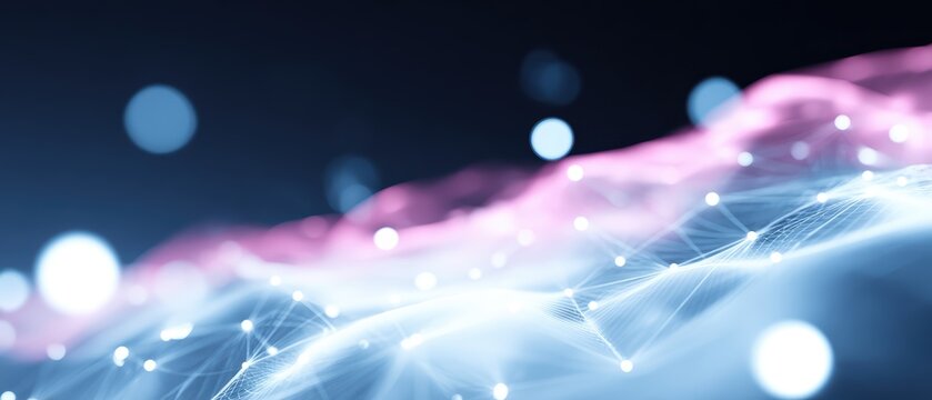 Abstract digital wave light flow background with glowing particles and network lines in a futuristic technology theme