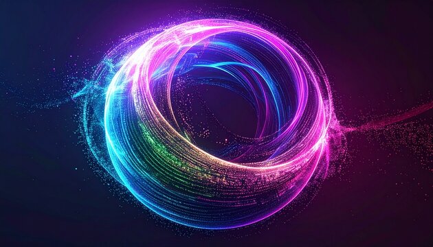 Vibrant, swirling abstract technology particles in shades of pink, blue, and green, forming a circular pattern on a dark background with a sense of dynamic movement and energy. - Powered by Adobe