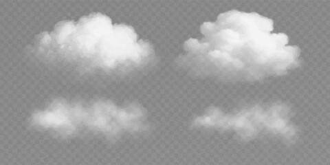 Realistic white fluffy clouds with fog or light smoke effect on a transparent background. Misty atmosphere element for overlaying on images, dramatic scenes or weather visual effects. Vector.