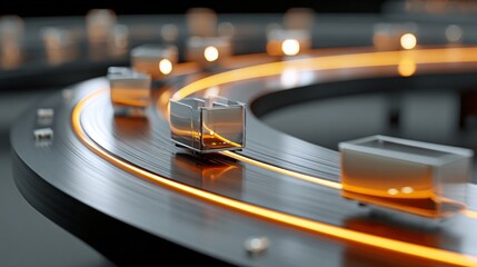 Modern automation concept with glowing cubes traveling a circuit, representing data flow, innovation, and advanced technology in vibrant, dynamic design