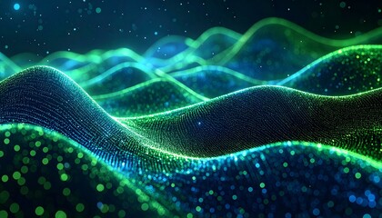 Abstract technology particles form glowing blue and green waves against a dark background with scattered specks of light.