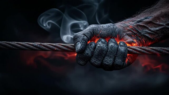 A Powerful Burning Hand Gripping a Smoking Steel Cable.