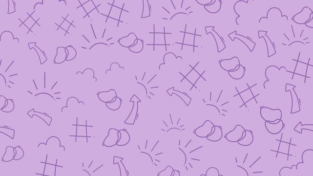 Doodle lineart light purple pattern with clouds sun arrows and hashtags for whimsical designs like childrens products or social media