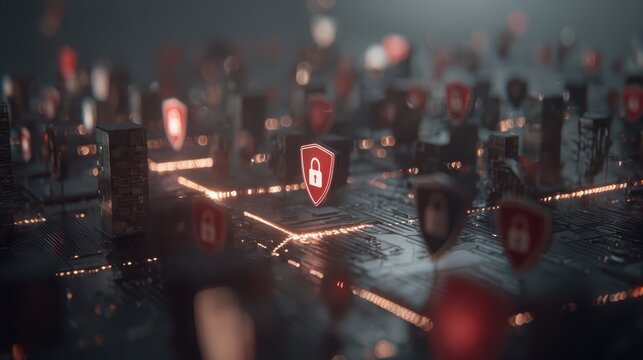 Futuristic digital cityscape with glowing data icons and interconnected network lines representing cybersecurity and digital infrastructure